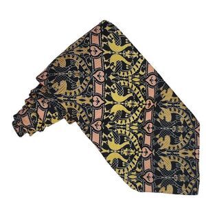 Vintage 70s Mens Art Nouveau Necktie Textured Peacock Birds Hearts Tie Black
